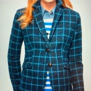 Talbots Wool Blue Windowpane Plaid Blazer Mallard Duck Print Lining 16W Petites
